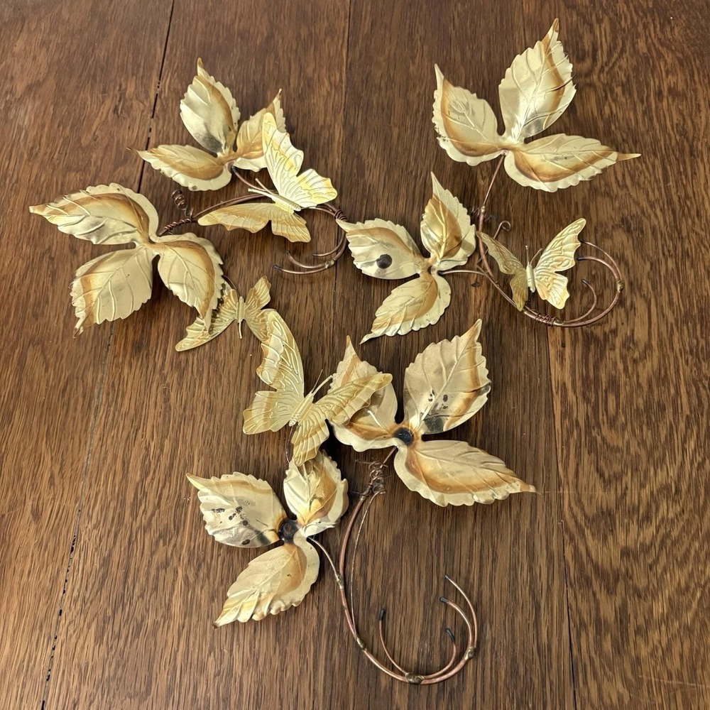 Vintage Home Interiors 3-Piece Metal Leaf Wall Decor With Butterflies